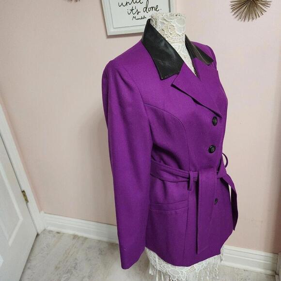 Jackets & Blazers - LKNW Vintage Gantos wool Faux leather like collar purple long belted 12